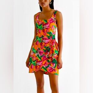 Express Floral Scoop Neck Wrap Front Tie Mini Dress XL